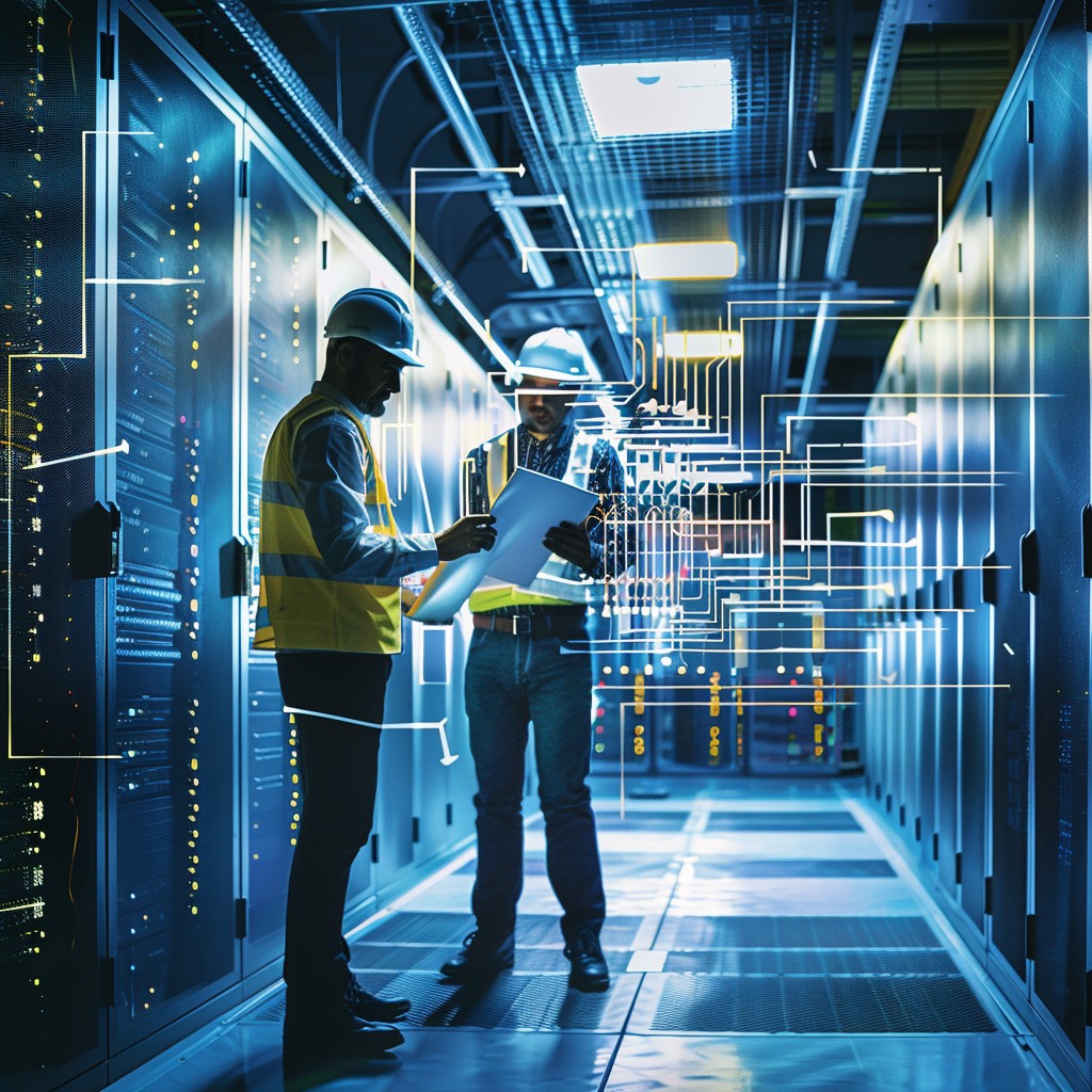 men connecting fibre cables