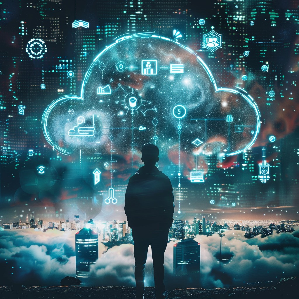 man standing in digital network cloud shower